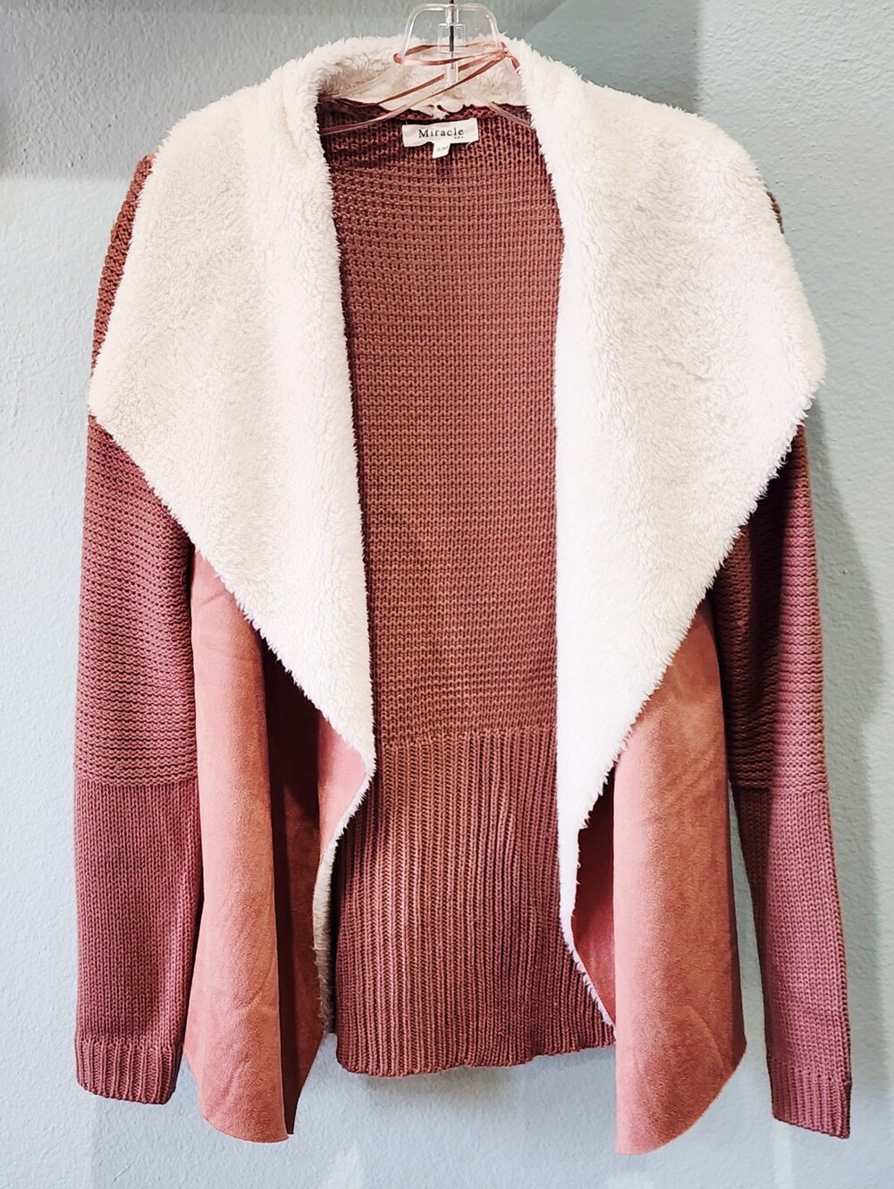 MIRACLE USA | Dusty Pink Open-Front Cardigan with Cream Sherpa Collar | Medium